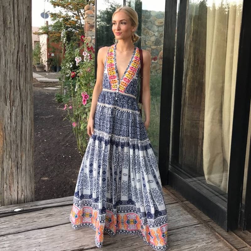 Rococo Sand Maxi Dress Xs White Blue Silk Printed Boho V-Neck Ionic Embroidered